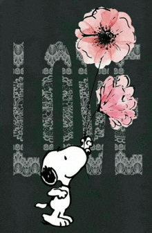 a drawing of snoopy holding a pink flower in front of a sign that says love