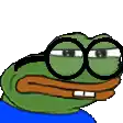 a frog wearing glasses and a blue shirt is looking at the camera .