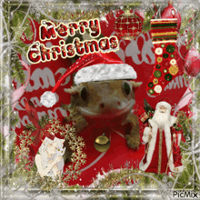 a christmas card with a lizard wearing a santa hat and the words merry christmas on it