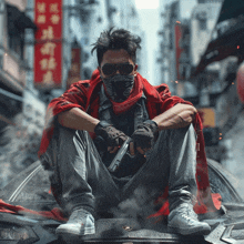 a man wearing a bandana and sunglasses holds a gun in his hand