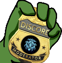 a green cartoon hand is holding a gold badge that says discord moderator .