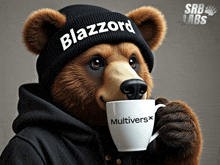 a bear wearing a black beanie that says blazzard on it