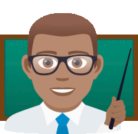 a man wearing glasses and a blue tie is pointing at a blackboard