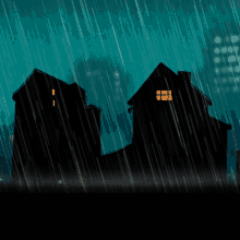 a drawing of a house in the rain with a lit window