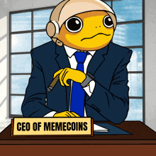 a cartoon of a man in a suit and tie holding a cigar and a sign that says ceo of memecoins