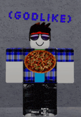 a roblox character is holding a pizza in front of a wall that says ' godlike ' on it