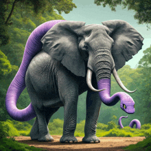 an elephant with a purple snake coming out of its mouth