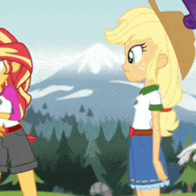 sunset shimmer and applejack from my little pony equestria girls are standing next to each other