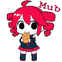 a cartoon girl with red hair is holding a loaf of bread and the word muk is above her head