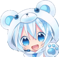 a girl with blue eyes wearing a teddy bear costume