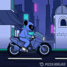 a cartoon of a person riding a motorcycle with a pizza ninjas logo