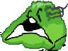 a pixel art drawing of a green frog making a funny face on a white background .