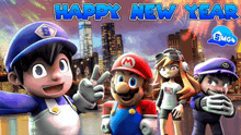 a happy new year greeting card featuring mario and smg4