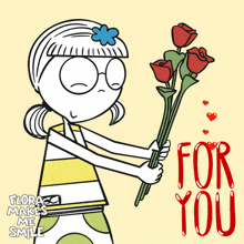 a cartoon of a girl holding a bouquet of red roses with the words " for you " in red