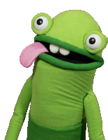 a green frog puppet with a pink tongue sticking out