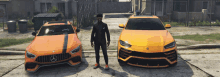 a man is standing next to a mercedes and a lamborghini in a video game