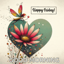 a fairy is sitting on a heart with a flower on it and the words happy friday good morning