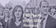 a man and a woman are standing in front of a crowd of people and the words stares in especially heinous