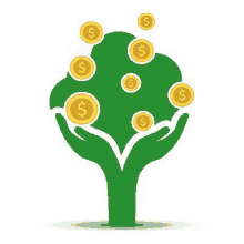 a green hand is holding a money tree with coins growing out of it .