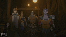 a group of cartoon characters are standing in a dark room with the word prime in the corner