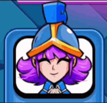 a cartoon of a girl with purple hair and a blue helmet .