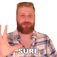 a man with a beard wearing a plaid shirt says sure with his hand