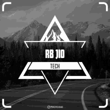 a logo for rb jio tech shows a road and mountains in the background