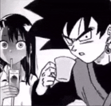 a black and white drawing of a boy and a girl drinking from a straw .