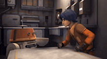 a cartoon character standing next to a robot in a room