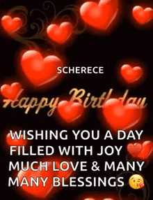 a birthday card with red hearts and the name scherece