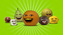 a group of fruits with their faces painted on them are standing next to each other on a green background .