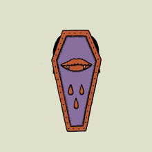 a cartoon drawing of a coffin with vampire wings and blood drops