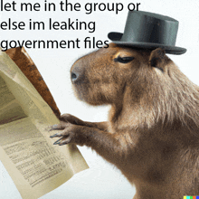 a capybara wearing a top hat is holding a piece of sheet music