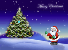 a merry christmas card with santa and a christmas tree in the background