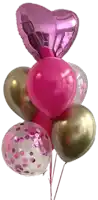 a bunch of pink and gold balloons with a pink heart shaped balloon in the middle