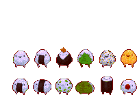 a pixel art illustration of different types of sushi balls