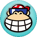 a monkey wearing sunglasses and a bandana is smiling on a blue circle .