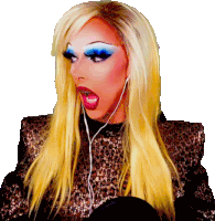 a drag queen with blonde hair and blue eye makeup