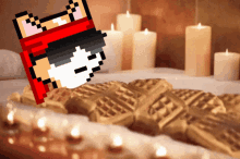 a cartoon character is laying on a pile of waffles in a bathtub surrounded by candles