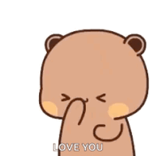 a cartoon teddy bear is blowing hearts and saying `` love you '' .