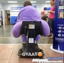 a woman in purple pants is riding a scooter in a walmart .