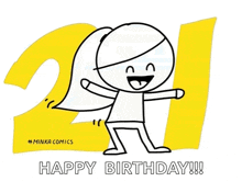 a cartoon girl is standing in front of a yellow number 21 and says happy birthday .