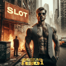 a man with tattoos stands in front of a slot sign