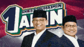 two men are standing in front of a sign that says ' aies & muhaimin jalin '