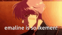 a man with pink hair has a bandage on his face and the words " emaline is so ikemen " on the bottom