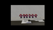 a row of red pigs are standing in front of a wall