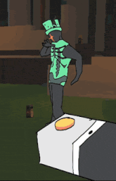 a cartoon drawing of a skeleton wearing a green top hat