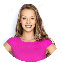 a woman wearing a pink shirt and pink lipstick smiles for the camera