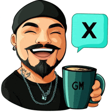 a cartoon of a man holding a cup of coffee with the letter x above him