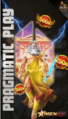 a poster for pragmatic play shows a man in a gold robe holding a lightning bolt